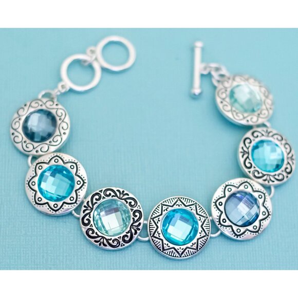 Vintage Art Deco Blue Faux Gems Bracelet 8 inch - E10 - Picture 2 of 3